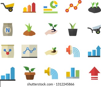 Color flat icon set fertilizer flat vectory, home plant vector, seedlings, planting plants, hose irrigation, garden wheelbarrow, chart, statistics, scatter, statistic, point diagram, achievement
