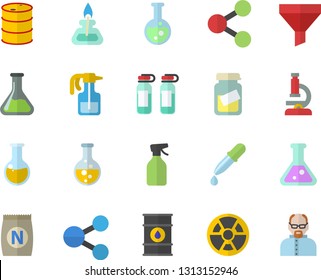 Color flat icon set fertilizer flat vectory, pulverizer vector, chemistry, oil tanks, radiation, funnel, molecules, pipette, medical analysis, ampoule, flask, microscope, gas burner, scientist