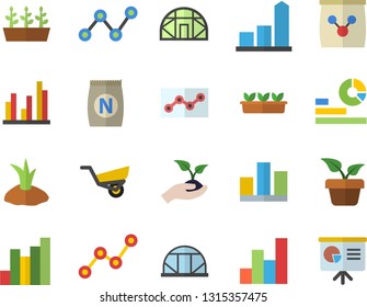 Color flat icon set fertilizer flat vectory, home plant vector, seedlings, planting plants, garden wheelbarrow, greenhouse, chart, statistics, scatter, statistic, point diagram, presentaition board