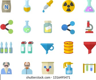 Color flat icon set fertilizer flat vectory, pulverizer vector, oil tanks, radiation, funnel, molecules, pipette, medical analysis, ampoule, flask, microscope, scientist, beakers