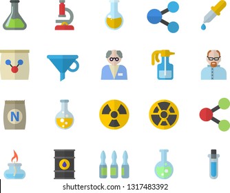Color flat icon set fertilizer flat vectory, pulverizer vector, chemistry, oil tanks, radiation, funnel, molecules, pipette, medical analysis, ampoule, flask, microscope, gas burner, scientist