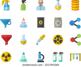 Color flat icon set fertilizer flat vectory, pulverizer vector, chemistry, oil tanks, radiation, funnel, molecules, pipette, medical analysis, ampoule, microscope, gas burner, scientist, beakers