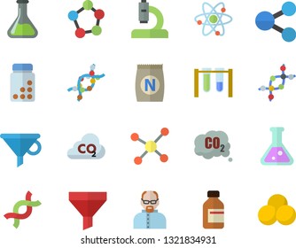 Color flat icon set fertilizer flat vectory, chemistry vector, carbon dioxide, funnel, molecules, vial, microscope, DNA, flask, molecule, atom, scientist, beakers, vitamins, pills