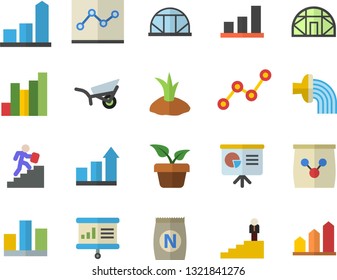 Color flat icon set fertilizer flat vectory, home plant vector, planting plants, hose irrigation, garden wheelbarrow, greenhouse, chart, scatter, statistic, point diagram, career ladder, achievement
