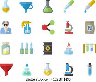Color flat icon set fertilizer flat vectory, pulverizer vector, chemistry, oil tanks, funnel, molecules, pipette, medical analysis, ampoule, microscope, gas burner, scientist, beakers