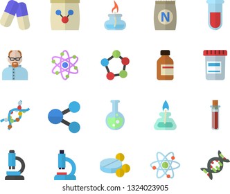Color flat icon set fertilizer flat vectory, molecules vector, pills, vial, blood test, microscope, DNA, flask, atom, gas burner, scientist