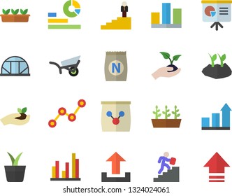 Color flat icon set fertilizer flat vectory, home plant vector, seedlings, planting plants, garden wheelbarrow, greenhouse, statistics, scatter chart, statistic, career ladder, presentaition board