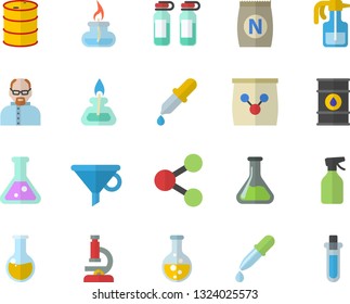 Color flat icon set fertilizer flat vectory, pulverizer vector, chemistry, oil tanks, funnel, molecules, pipette, medical analysis, ampoule, flask, microscope, gas burner, scientist, beakers