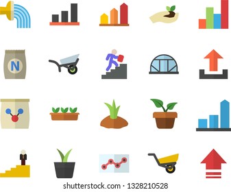 Color flat icon set fertilizer flat vectory, home plant vector, seedlings, planting plants, hose irrigation, garden wheelbarrow, greenhouse, chart, point diagram, career ladder, achievement, upload