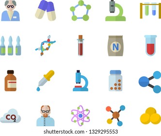 Color flat icon set fertilizer flat vectory, carbon dioxide vector, molecules, pills, vial, pipette, blood test, microscope, ampoule, DNA, molecule, atom, scientist, beakers, vitamins
