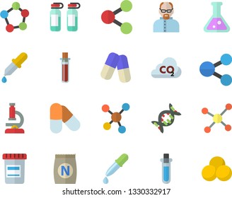 Color flat icon set fertilizer flat vectory, carbon dioxide vector, molecules, pills, vial, pipette, blood test, ampoule, flask, molecule, microscope, scientist, beakers, dna
