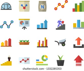 Color flat icon set fertilizer flat vectory, home plant vector, garden wheelbarrow, seedlings, greenhouse, chart, statistics, scatter, statistic, point diagram, career ladder, presentaition board