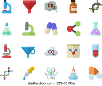 Color flat icon set fertilizer flat vectory, carbon dioxide vector, funnel, molecules, pills, vial, pipette, blood test, microscope, flask, atom, gas burner, dna