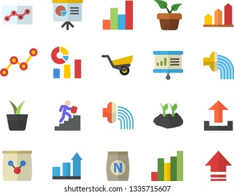 Color flat icon set fertilizer flat vectory, home plant vector, planting plants, hose irrigation, garden wheelbarrow, chart, statistics, scatter, point diagram, career ladder, presentaition board