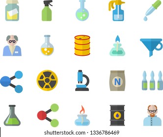 Color flat icon set fertilizer flat vectory, pulverizer vector, chemistry, oil tanks, radiation, funnel, molecules, pipette, medical analysis, ampoule, flask, microscope, gas burner, scientist