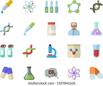 Color flat icon set fertilizer flat vectory, chemistry vector, carbon dioxide, pills, pipette, blood test, microscope, ampoule, DNA, flask, molecule, atom, scientist, vitamins