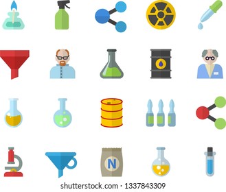 Color flat icon set fertilizer flat vectory, pulverizer vector, chemistry, oil tanks, radiation, funnel, molecules, pipette, medical analysis, ampoule, flask, microscope, gas burner, scientist