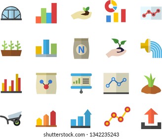 Color flat icon set fertilizer flat vectory, seedlings vector, planting plants, hose irrigation, garden wheelbarrow, greenhouse, statistics, scatter chart, statistic, point diagram, achievement