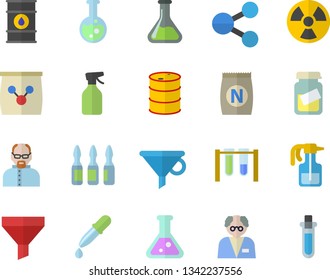 Color flat icon set fertilizer flat vectory, pulverizer vector, chemistry, oil tanks, radiation, funnel, molecules, pipette, medical analysis, ampoule, flask, scientist, beakers