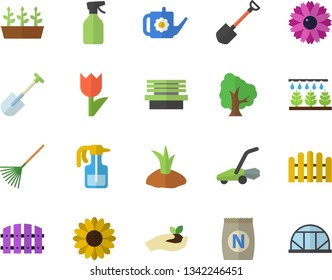 Color flat icon set fertilizer flat vectory, tree vector, flower, pulverizer, sprinkling machine, shovel, fence, seedlings, rake, watering can, planting plants, tulip, lawn mower, bench, greenhouse