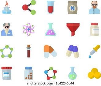 Color flat icon set fertilizer flat vectory, funnel vector, molecules, pills, vial, pipette, blood test, flask, molecule, atom, gas burner, scientist, vitamins