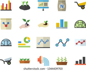 Color flat icon set fertilizer flat vectory, seedlings vector, planting plants, hose irrigation, garden wheelbarrow, greenhouse, statistics, scatter chart, statistic, point diagram