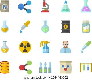 Color flat icon set fertilizer flat vectory, pulverizer vector, chemistry, oil tanks, radiation, molecules, pipette, medical analysis, ampoule, flask, microscope, gas burner, scientist, beakers