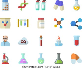 Color flat icon set fertilizer flat  , chemistry vector, carbon dioxide, molecules, pills, blood test, ampoule, DNA, flask, microscope, gas burner, scientist, beakers, vitamins