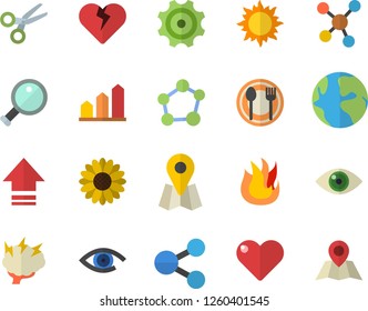 Color flat icon set fire flat vector, table setting, flower, sun, cogwheel, location, earth, molecules, molecule, brainstorm, magnifier, achievement chart, scissors, upload, heart, eye