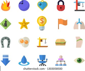 Color flat icon set fire flat vector, hamburger, scrambled eggs, horseshoe, drop, crane, idea, flag, lungs, office chair, hierarchy, bowling ball, buttocks, starfish fector, pets allowed, download