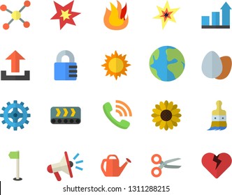 Color flat icon set fire flat vector, egg, flower, paint brush, watering can, sun, cogwheel, conveyor, earth, phone call, mouthpiece, molecule, spark, achievement chart, sports flag, scissors, lock