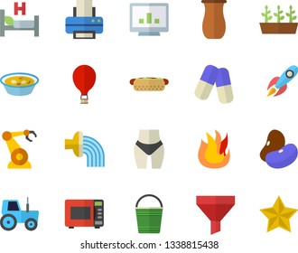 Color flat icon set fire flat vector, microwave, jugful, legumes, hot dog, soup, tractor, bucketful, hose irrigation, seedlings, robotics, funnel, rocket, pills, hospital bed, computer chart