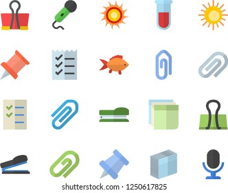Color flat icon set fish flat vector, blood test, clip, sticker, to do list, stapler, pushpin, sun fector, binder, microphone