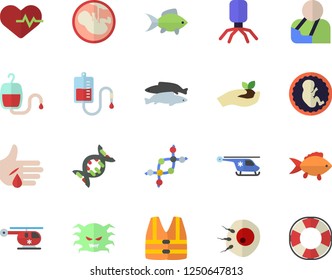 Color flat icon set fish flat vector, seedlings, blood transfusion, virus, injury, helicopter, embryo, artificial insemination, dna, heartbeat, life vest fector, lifebuoy