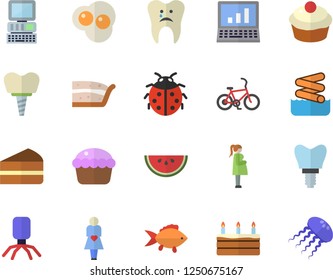 Color flat icon set fish flat vector, watermelon, cupcake, piece of cake, scrambled eggs, ladybird, virus, gestation, caries, implant, computer, bicycle fector, aquapark, jellyfish