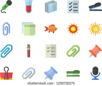 Color flat icon set fish flat vector, blood test, clip, sticker, to do list, stapler, pushpin, sun fector, binder, microphone