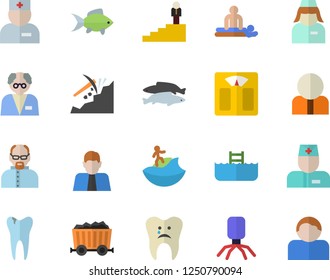 Color flat icon set fish flat vector, mining, person, physician, virus, massage, nurse, caries, career ladder, scientist, weighing machine, surfing fector, pool, user