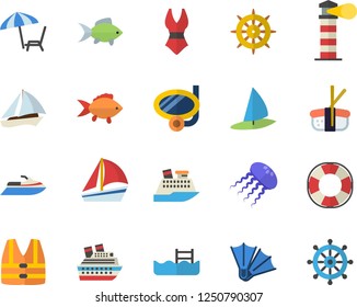 Color flat icon set fish flat vector, sashimi, lighthouse, sailboat, swimsuit, pool, fector, chaise lounge, swimming mask, flippers, life vest, water scooter, lifebuoy, cruise ship, jellyfish