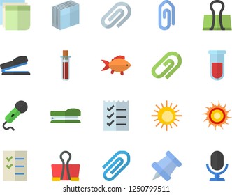 Color flat icon set fish flat vector, blood test, clip, sticker, to do list, stapler, pushpin, sun fector, binder, microphone
