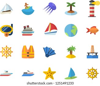 Color flat icon set fish flat vector, oil production platform, lighthouse, sailboat, earth fector, island, surfing, swimming mask, flippers, starfish, steering wheel, life vest, water scooter, yacht