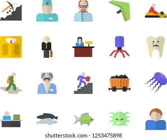 Color flat icon set fish flat vector, mining, physician, virus, massage, caries, office worker, businessman, career ladder, scientist, weighing machine, hike fector, hang glider, reception desk