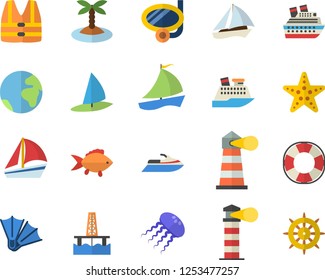 Color flat icon set fish flat vector, oil production platform, lighthouse, sailboat, earth fector, island, swimming mask, flippers, starfish, life vest, water scooter, lifebuoy, cruise ship