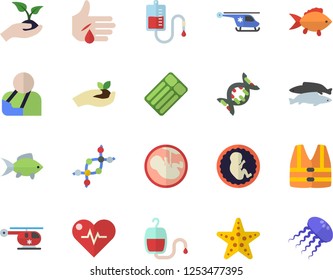 Color Flat Icon Set Fish Flat Vector, Seedlings, Blood Transfusion, Injury, Helicopter, Embryo, Dna, Heartbeat, Starfish Fector, Life Vest, Inflatable Mattress, Jellyfish