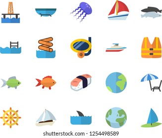 Color flat icon set fish flat vector, sashimi, oil production platform, sailboat, pool, earth fector, sea beach, chaise lounge, swimming mask, aquapark, steering wheel, life vest, shark, yacht