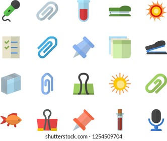 Color flat icon set fish flat vector, blood test, clip, sticker, to do list, stapler, pushpin, sun fector, binder, microphone