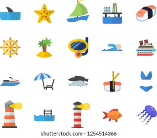 Color flat icon set fish flat vector, sashimi, oil production platform, lighthouse, sailboat, swimsuit, swimming, pool, chaise lounge fector, island, mask, starfish, steering wheel, water scooter