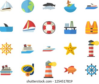 Color flat icon set fish flat vector, oil production platform, lighthouse, sailboat, earth fector, surfing, swimming mask, starfish, steering wheel, life vest, water scooter, lifebuoy, cruise ship