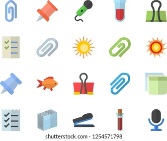 Color flat icon set fish flat vector, blood test, clip, sticker, to do list, stapler, pushpin, sun fector, binder, microphone