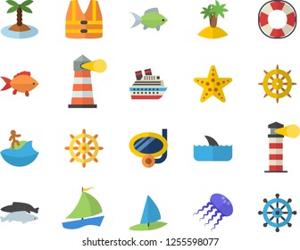 Color flat icon set fish flat vector, lighthouse, sailboat, island fector, surfing, swimming mask, starfish, steering wheel, life vest, lifebuoy, cruise ship, shark, jellyfish, windsurfing