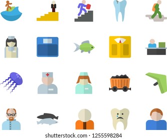 Color flat icon set fish flat vector, mining, person, physician, nurse, caries, office worker, career ladder, scientist, weighing machine, hike fector, hang glider, surfing, jellyfish, user
